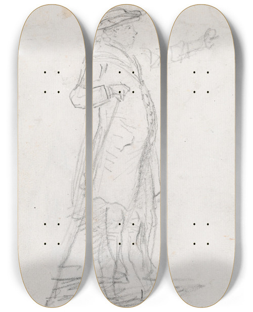 Triptych art skateboard deck of Hubert Robert Man With A Walking Stick Seen In Profile Recto by Hubert Robert (1733-1808)