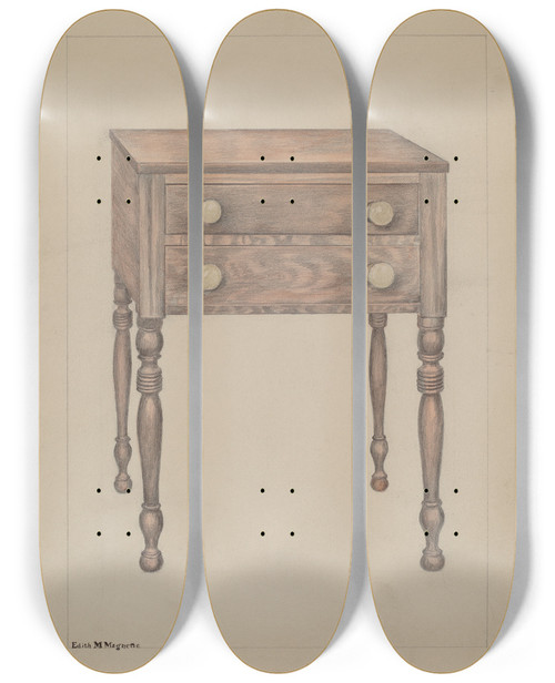 Triptych art skateboard deck of Edith Magnette Two Drawer Stand_1 by Edith Magnette (20-)
