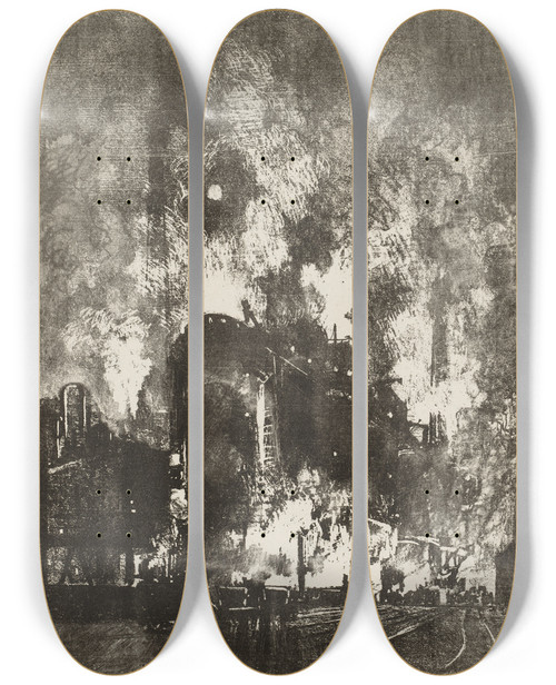 Triptych art skateboard deck of Joseph Pennell Furnaces At Night by Joseph Pennell (1857-1926)