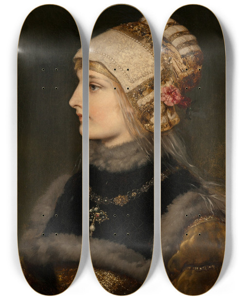 Triptych art skateboard deck of Wilhelm Menzler A Young Woman In Renaissance Costume by Wilhelm Menzler (1846-1926)