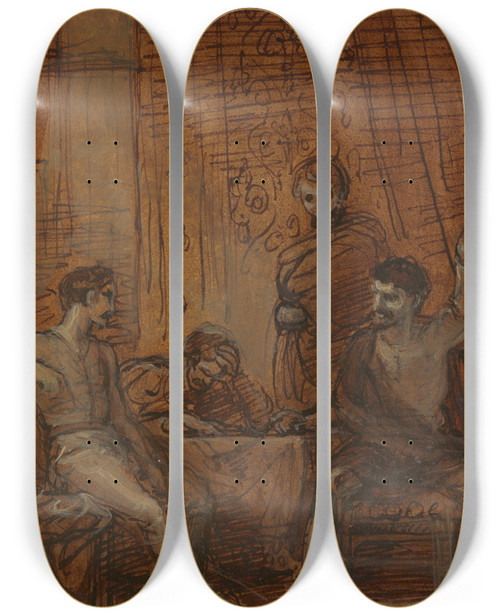 Triptych art skateboard deck of Robert Smirke Hotspur And The Plotters At Bangor by Robert Smirke (1752-1845)