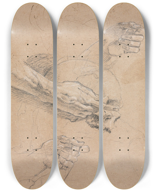 Triptych art skateboard deck of Francesco Lorenzi Study Of Hands And Skull by Francesco Lorenzi (1723-1787)