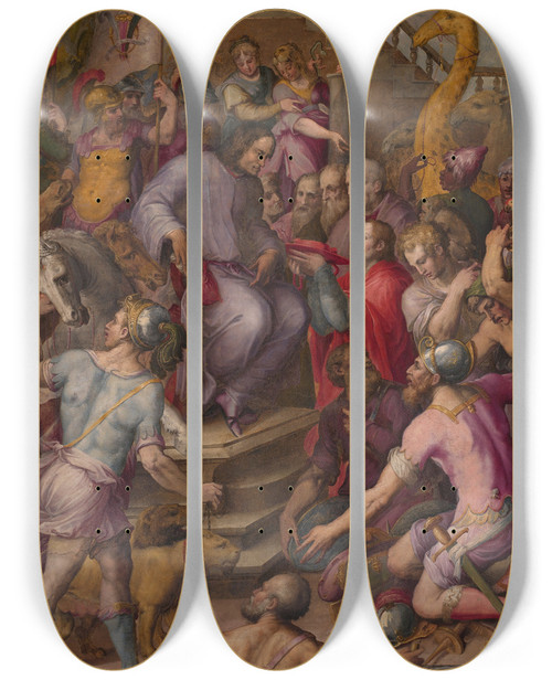 Triptych art skateboard deck of Giorgio Vasari Lorenzo The Magnificent Receives The Tribute Of The Ambassadors by Giorgio Vasari (1511-1574)