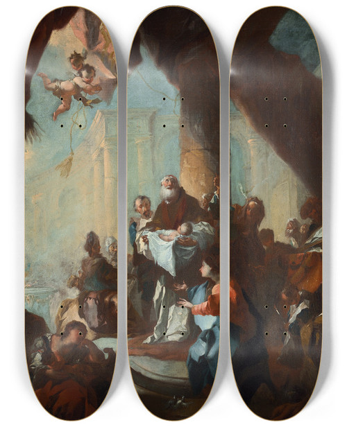 Triptych art skateboard deck of Franz Anton Maulbertsch Study For The Presentation Of Christ In The Temple For Saint Ulrich Vienna_1 by Franz Anton Maulbertsch (1724-1796)