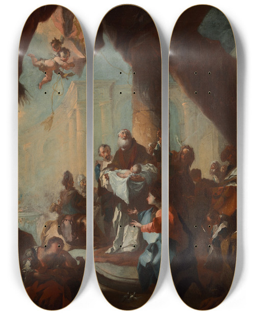 Triptych art skateboard deck of Franz Anton Maulbertsch Study For The Presentation Of Christ In The Temple For Saint Ulrich Vienna_2 by Franz Anton Maulbertsch (1724-1796)