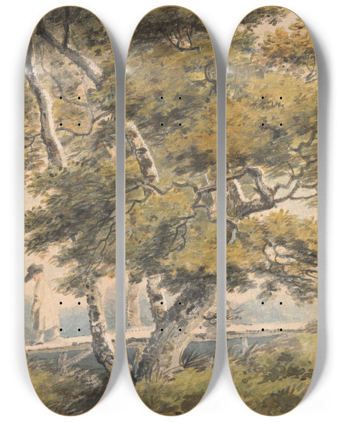 Triptych art skateboard deck of Paul Sandby Trees With A Man Crossing A Footbridge by Paul Sandby (1731-1809)