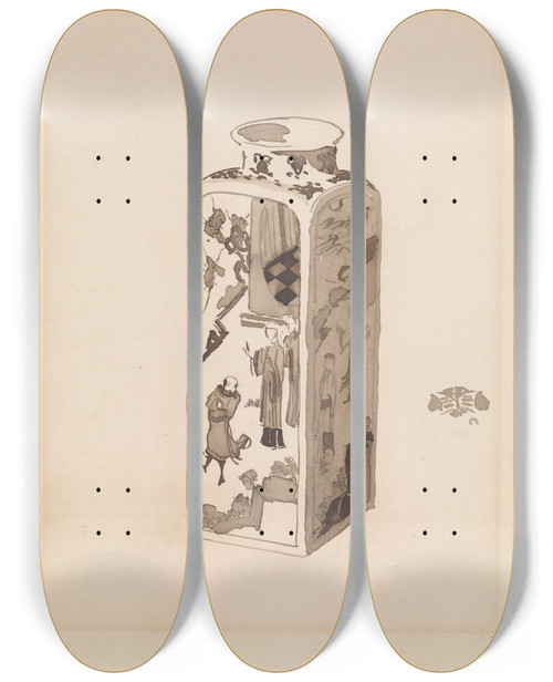 Triptych art skateboard deck of James Abbott Mcneill Whistler Square Canister With Expanding Neck by James Abbott Mcneill Whistler (1834-1903)