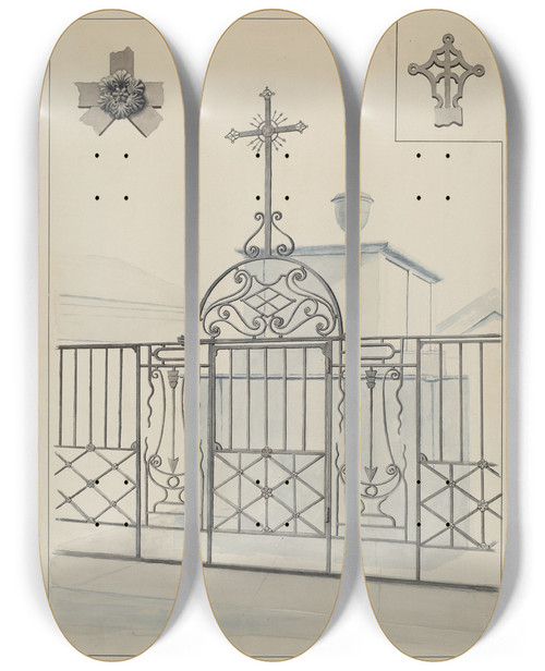 Triptych art skateboard deck of Lucien Verbeke Iron Gate And Fence_2 by Lucien Verbeke