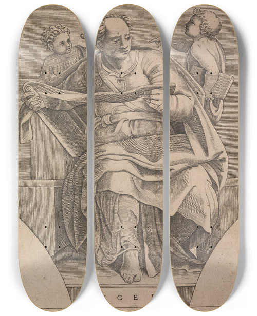 Triptych art skateboard deck of Adamo Scultori The Prophet Joel by Adamo Scultori (1530-1585)