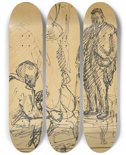 Triptych art skateboard deck of Peter Hansen Billedhuggeren Kai Nielsen Modellerer Mads Rasmussen by Peter Hansen (1868-1928)