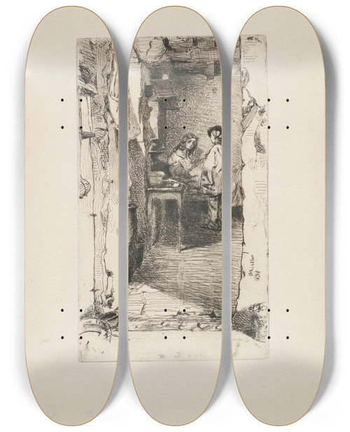 Triptych art skateboard deck of James Abbott Mcneill Whistler Rag Pickers Quartier Mouffetard Paris_2 by James Abbott Mcneill Whistler (1834-1903)