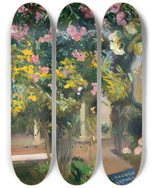 Triptych art skateboard deck of Joaqun Sorolla Oleanders Thecourtyard Of The Artists Home by Joaquin Sorolla (1863-1923)