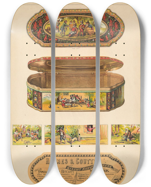 Triptych art skateboard deck of J Howard Iams Ginger Box Tin by J Howard Iams (20-)
