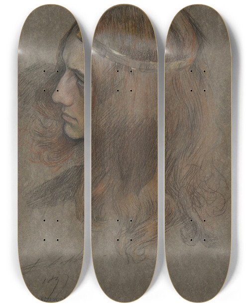 Triptych art skateboard deck of Edwin Austin Abbey Study For The Head Of Hamlet For The Play Scene In Hamlet by Edwin Austin Abbey (1852-1911)