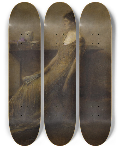Triptych art skateboard deck of Thomas Wilmer Dewing Lady In Gold by Thomas Wilmer Dewing (1851-1938)