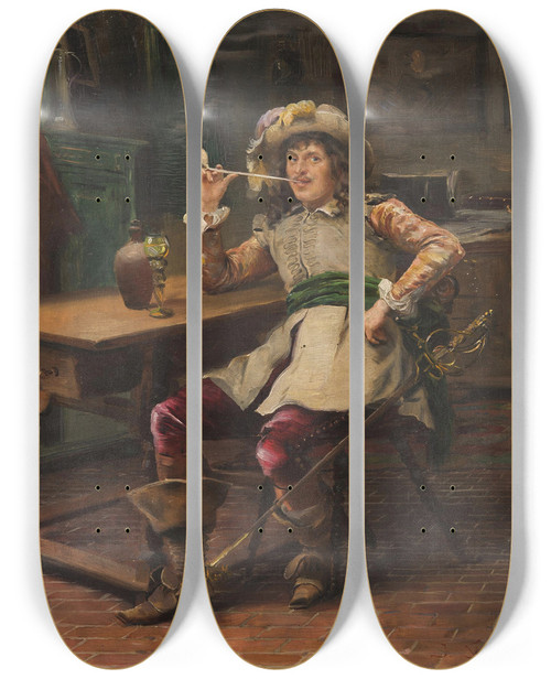 Triptych art skateboard deck of Jan Skramlk Man With A Pipe by Jan Skramlik (1860-1936)