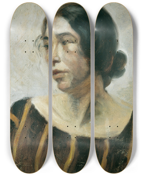 Triptych art skateboard deck of Ernestine Von Httenbrenner Dame In Gestreiftem Kleid by Ernestine Von Huttenbrenner (1874-1944)