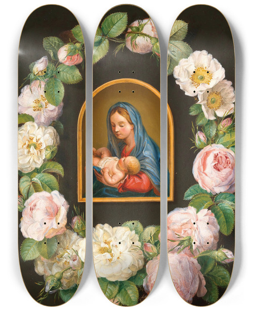 Triptych art skateboard deck of Pauline Von Koudelkaschmerling Mary With The Child In A Garland Of Roses by Pauline von Koudelka-Schmerling