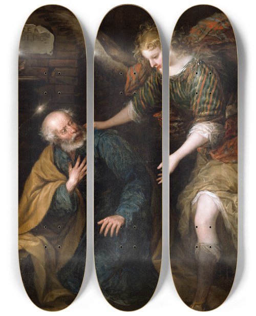 Triptych art skateboard deck of Jos Antolinez The Liberation Of Saint Peter by Jose Antolinez (1635-1675)