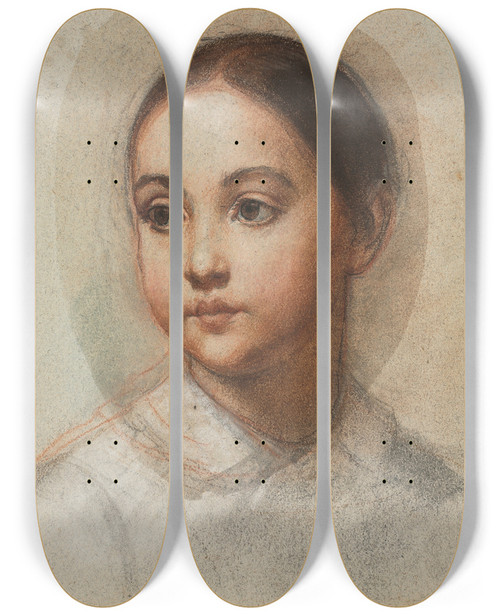 Triptych art skateboard deck of Alexandre Hesse Head Of A Young Girl by Alexandre Hesse (1806-1879)