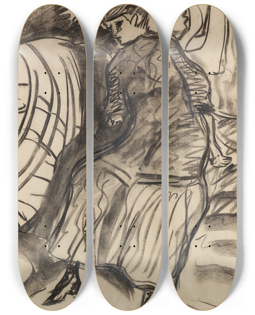 Triptych art skateboard deck of Ernst Ludwig Kirchner Auf Dem Bett Sitzendes Mdchen by Ernst Ludwig Kirchner (1880-1938)