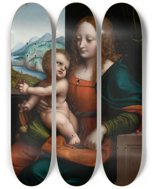 Triptych art skateboard deck of Giampietrino Giovanni Pietro Rizzoli The Virgin And Child By A Window Madonna Of The Cherries by Giampietrino (Giovanni Pietro Rizzoli) (1520)