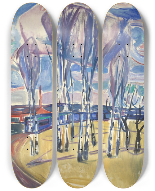 Triptych art skateboard deck of Edvard Munch The Tram Loop At Skyen by Edvard Munch (1863-1944)