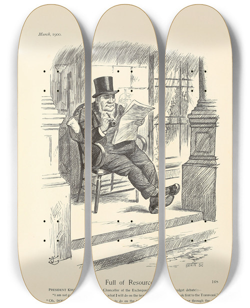 Triptych art skateboard deck of Sir John Tenniel Full Of Resource by Sir John Tenniel (1820-1914)