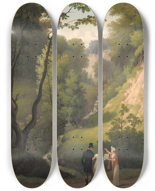 Triptych art skateboard deck of Christoffer Wilhelm Eckersberg The Devils Cleft At Liselund Manor The Island Of Mn by Christoffer Wilhelm Eckersberg (1783-1853)