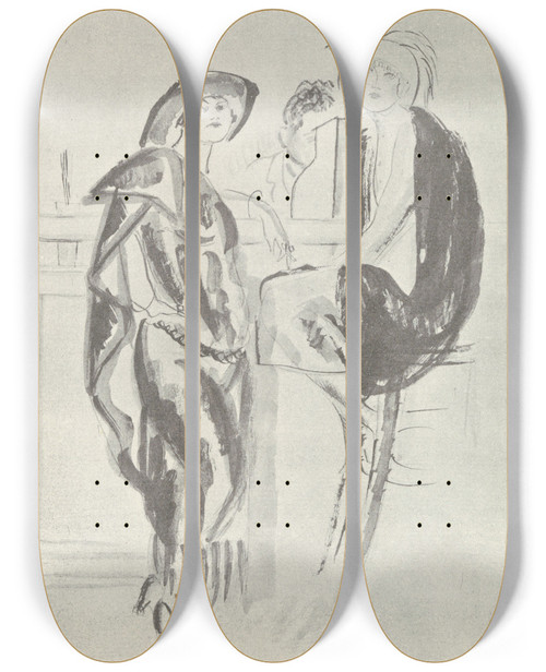 Triptych art skateboard deck of Charles Laborde Two Women At A Bar by Chas Laborde (1886-1941)