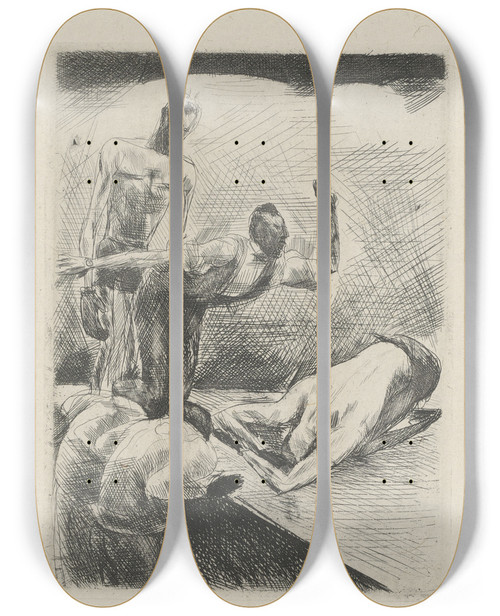 Triptych art skateboard deck of Andr Dunoyer De Segonzac Tableau De La Boxe Illustr De 29 Gravures Leauforte Pl 45 by Andre Dunoyer De Segonzac (1884-1974)
