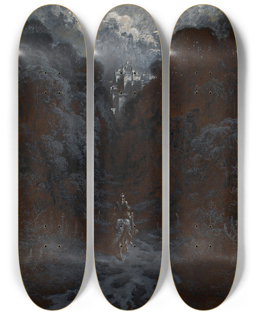 Triptych art skateboard deck of Gustave Dor Sir Lancelot Approaching The Castle Of Astolat by Gustave Dore (1832-1883)