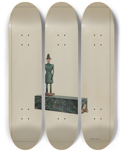 Triptych art skateboard deck of John Fisk Toy Man On Music Box by John Fisk