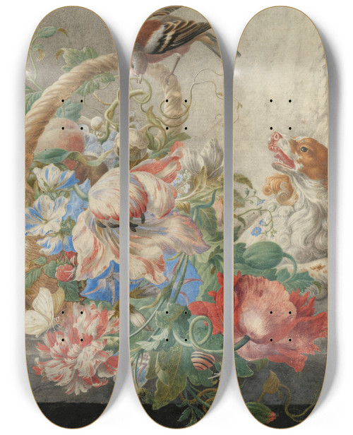 Triptych art skateboard deck of Herman Henstenburgh A Basket With Flowers In A Stone Niche With A Barking Dog And A Bird by Herman Henstenburgh (1667-1726)