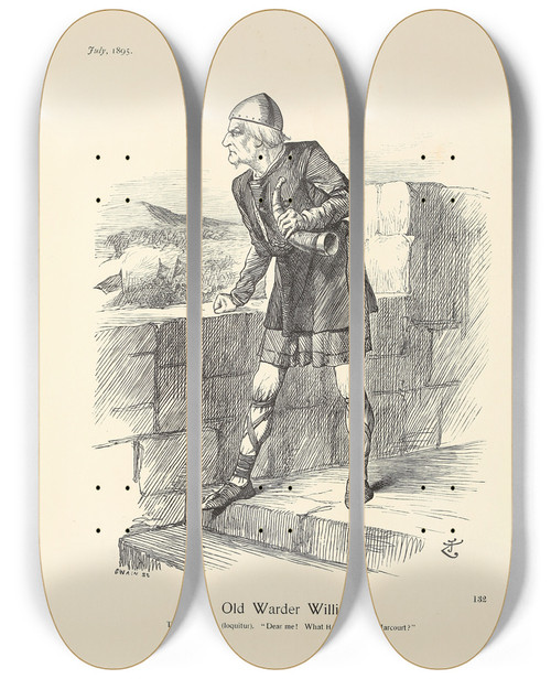 Triptych art skateboard deck of Sir John Tenniel Old Warder William by Sir John Tenniel (1820-1914)
