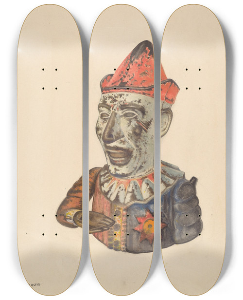 Triptych art skateboard deck of Lew Tower Cast Iron Toy Bank Humpty Dumpty by Lew Tower