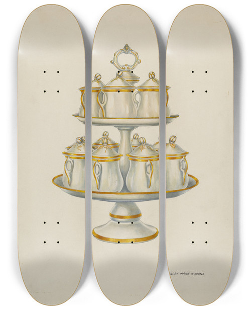 Triptych art skateboard deck of Harry Mann Waddell Lazy Susan by Harry Mann Waddell (1876-1956)