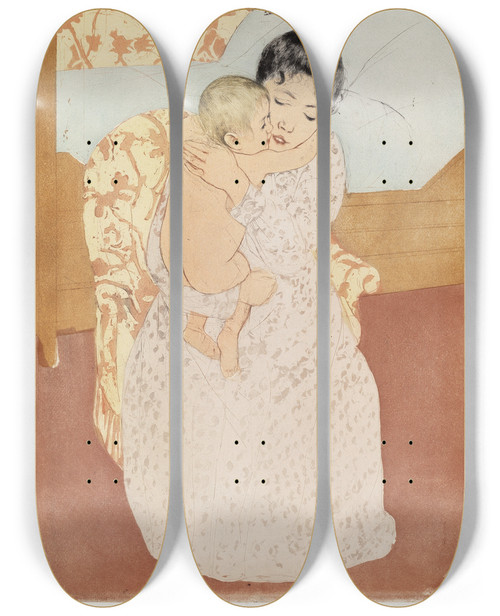 Triptych art skateboard deck of Mary Cassatt Maternal Caress_1 by Mary Cassatt (1844-1926)