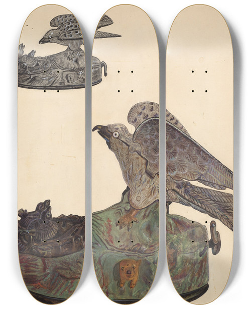 Triptych art skateboard deck of George File Toy Bank Bird by George File