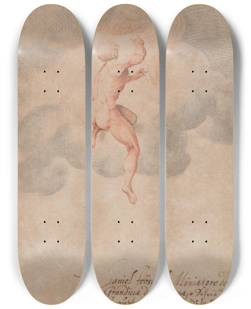 Triptych art skateboard deck of Daniel Frschl A Nude Male Seen From The Back In Clouds After Michelangelo Buonarroti by Daniel Froschl (1563-1613)