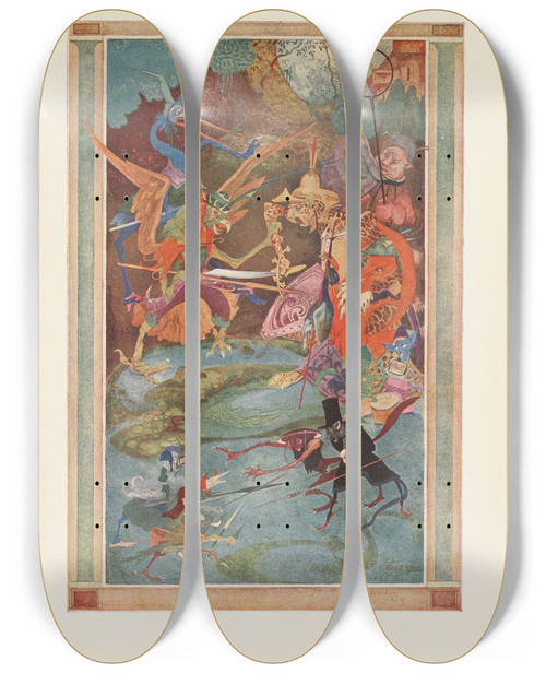 Triptych art skateboard deck of Jean De Bosschre The Battle Of The Birds And Beasts by Jean de Bosschre (1878-1953)