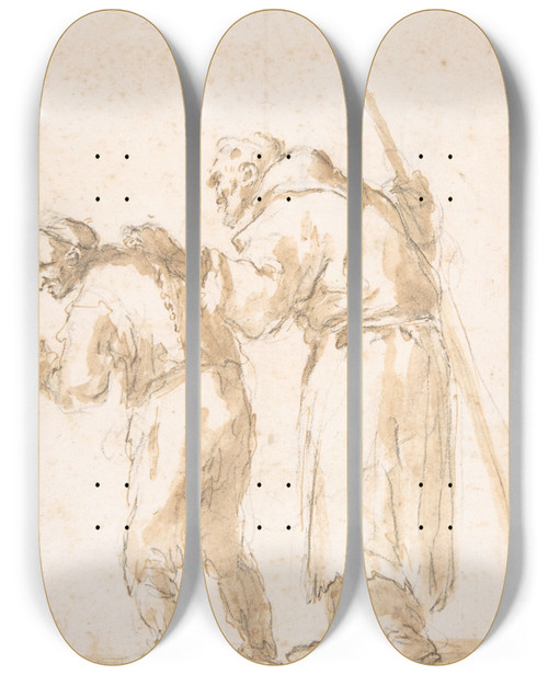 Triptych art skateboard deck of Jusepe De Ribera A Man Leading A Blind Friar by Jusepe de Ribera (1591-1652)