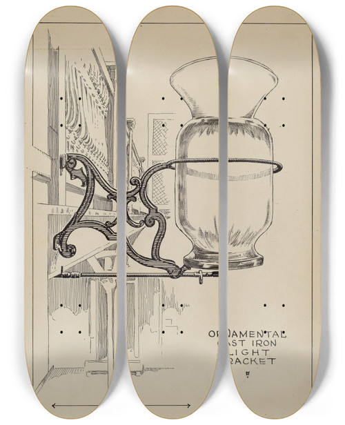 Triptych art skateboard deck of Thomas Byrne Cast Iron Lamp Bracket by Thomas Byrne