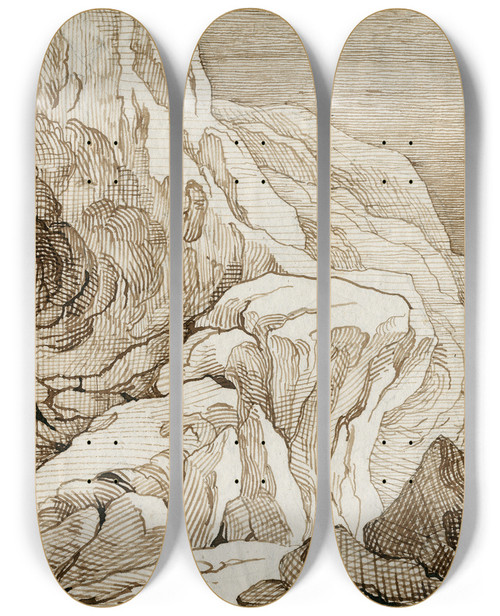 Triptych art skateboard deck of David Humbert De Superville Rotslandschap Met Bijschrift Sans Doute Golgotha by David Humbert De Superville (1770-1849)
