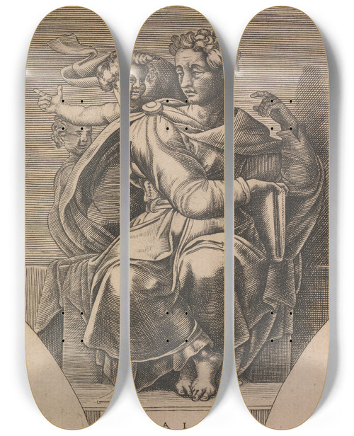 Triptych art skateboard deck of Adamo Scultori The Prophet Isaiah by Adamo Scultori (1530-1585)
