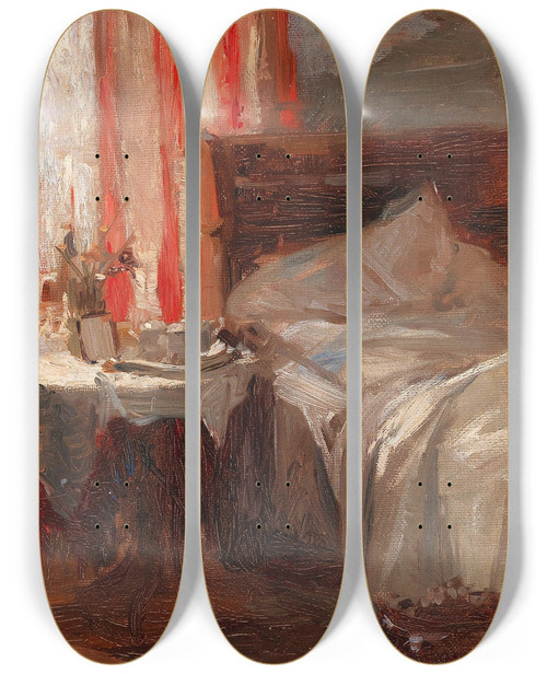 Triptych art skateboard deck of Broncia Kollerpinell A Bedroom Interior by Broncia Koller Pinell (1863-1934)