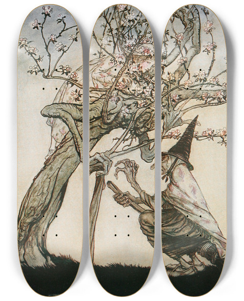 Triptych art skateboard deck of Arthur Rackham Tree Of Mine O Tree Of Mine Have You Seen My Naughty Little Maid by Arthur Rackham (1867-1939)