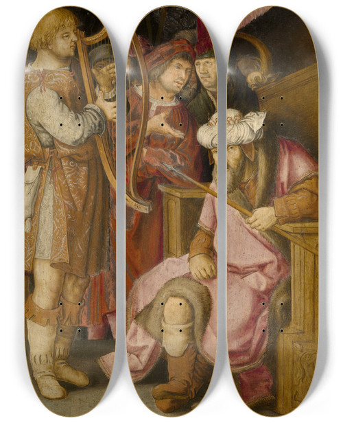 Triptych art skateboard deck of Lucas Van Leyden David Playing His Harp For Saul by Lucas Van Leyden (1494-1533)