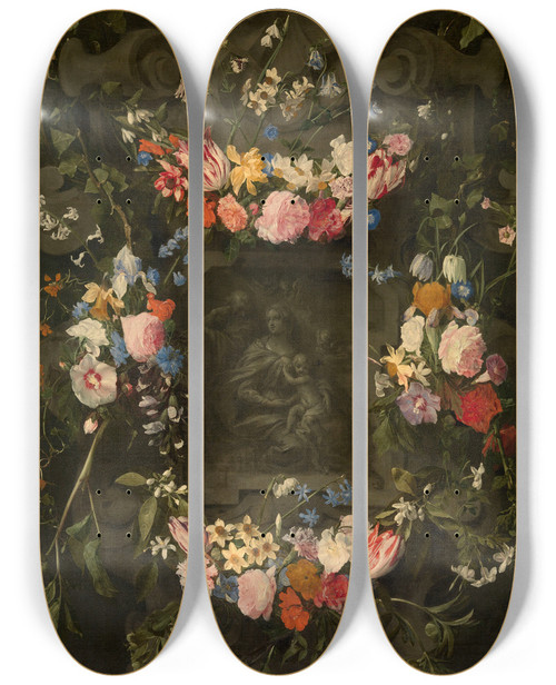 Triptych art skateboard deck of Jacob Denys The Holy Family Surrounded By A Garland Of Flowers by Jacob Denys (1644-1708)