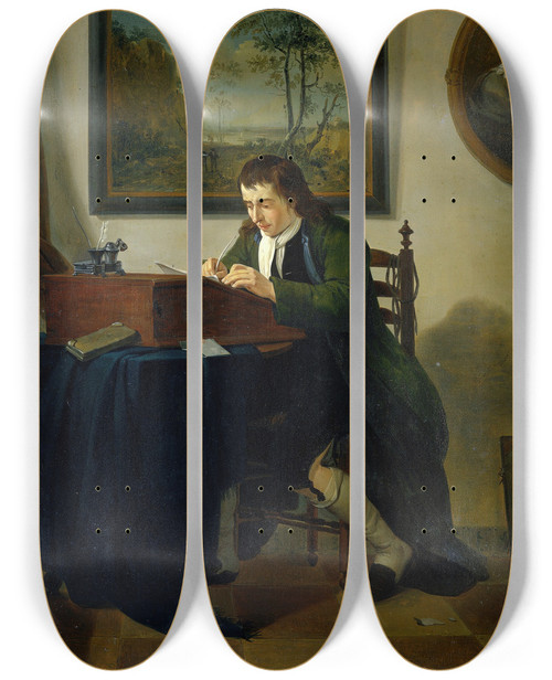 Triptych art skateboard deck of Jan Ekels The Younger A Man Writing At His Desk by Jan Ekels the Younger (1759-1793)